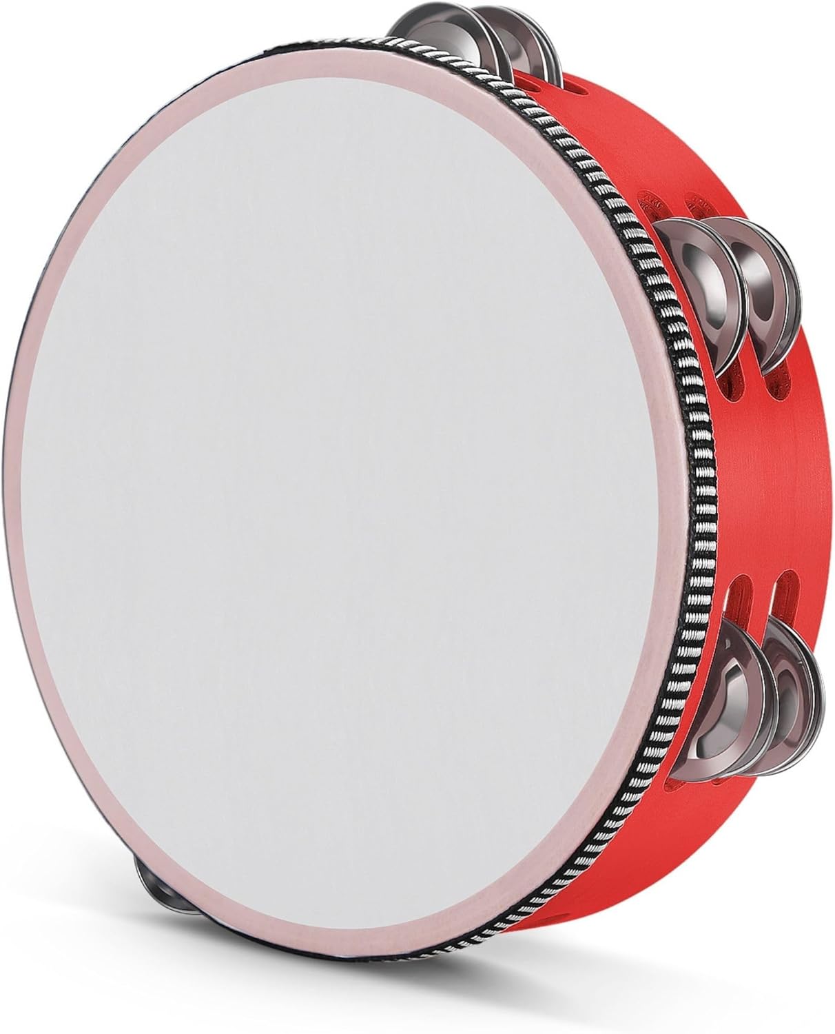 Flexzion Wood Handheld Tambourine Adults 8-Inch Double Row 8-Pair Jingles (Red) - Percussion Round Tamborines Musical Instrument with Metal Zills
