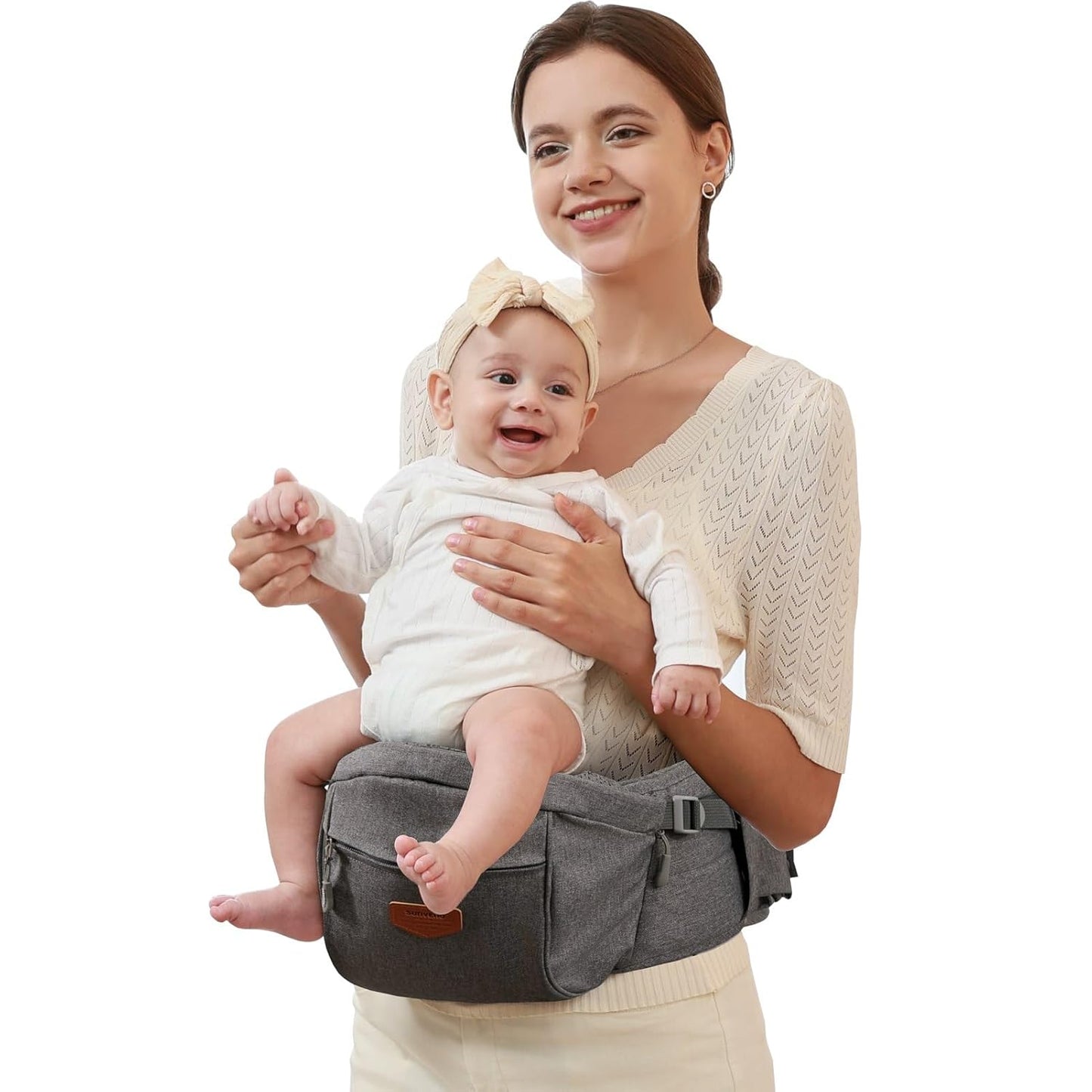 SUNVENO Baby Hip Carrier with Hip Seat, CPC-Certified, Ergonomic Infant Carrier for Newborns & Toddlers up to 45 lbs, Adjustable Waistband, Multiple Pockets, All-Season, Grey