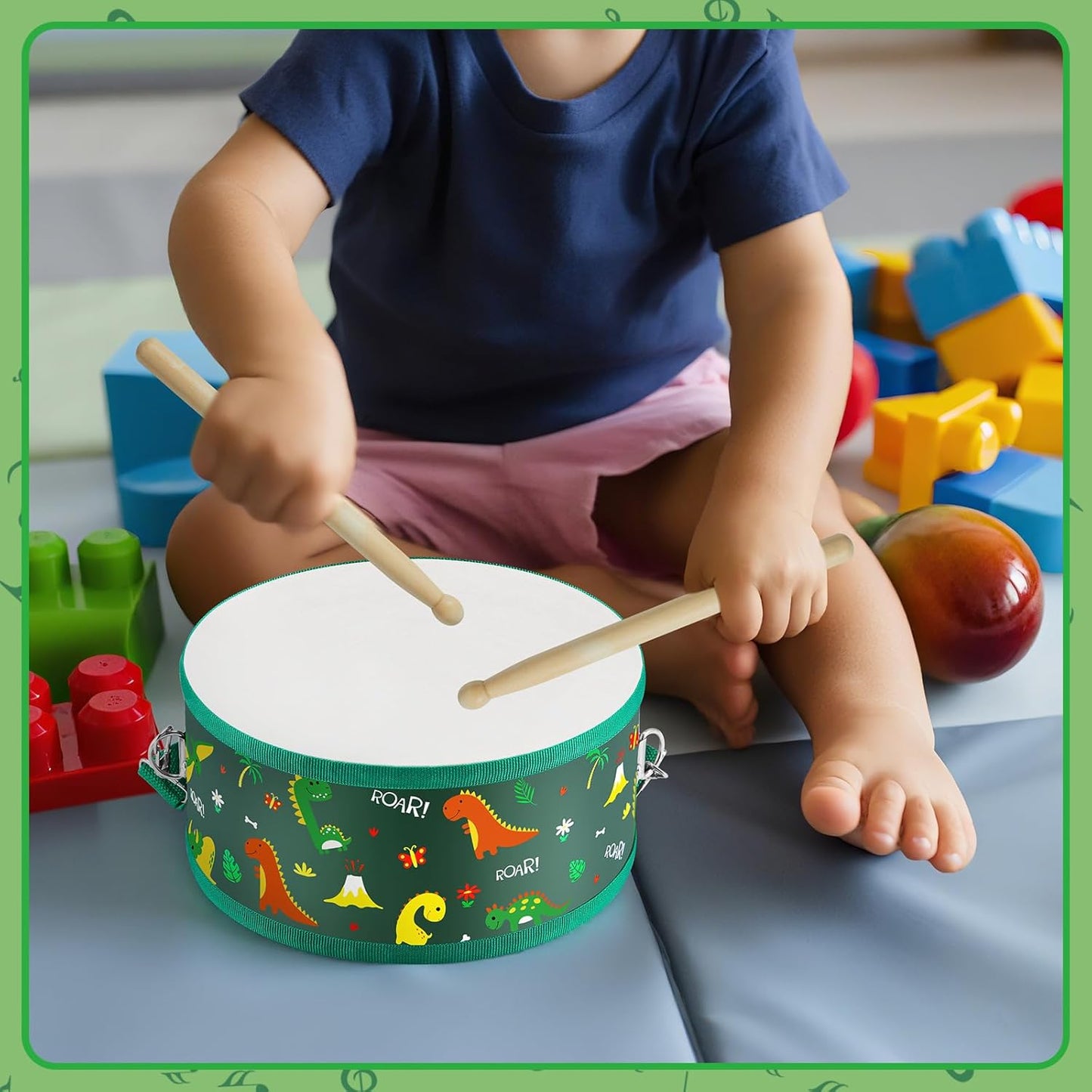 Boao 2 Pcs Kids Drum Set, 8 Inch Toddler Drum Wooden Toy with Adjustable Strap and 4 Drumsticks, Educational Sensory Musical Instrument for Toddlers Kid Baby Boys Girls Gift (Dinosaur)