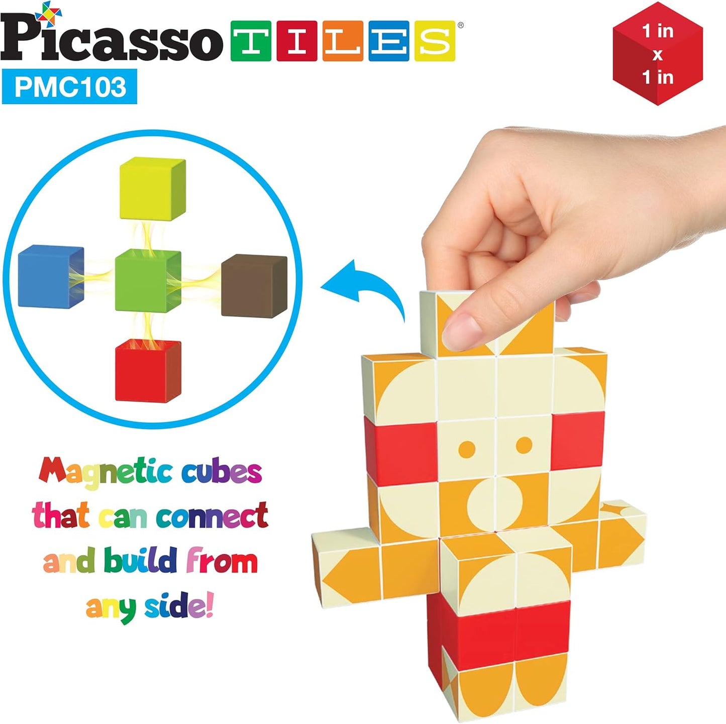 PicassoTiles 103 Pieces 1" Magnetic Toy Building Block Cubes Building Block, 3D Cube Construction Cubes Magnet Sensory Toys Gifts Educational with Free Idea Book for Kid, Boy, Girl & Toddler PMC103