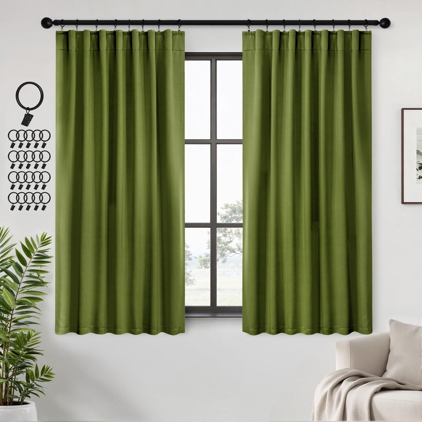 ANRODUO Back Tab Blackout Curtains for Bedroom Living Room, Rod Pocket Pinch Pleated Thermal Insulated Room Darkening Curtains 72 Inches Long 2 Panels, Olive Green, 42 x 72 Inch