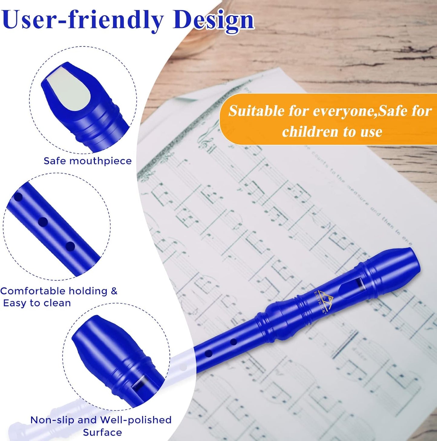 Eastrock Recorder Instrument German Style Soprano Recorder White 3 Pieces for Beginners and professions with Cleaning Rod, Fingering Chart, Packing Bag, Thumb Rest