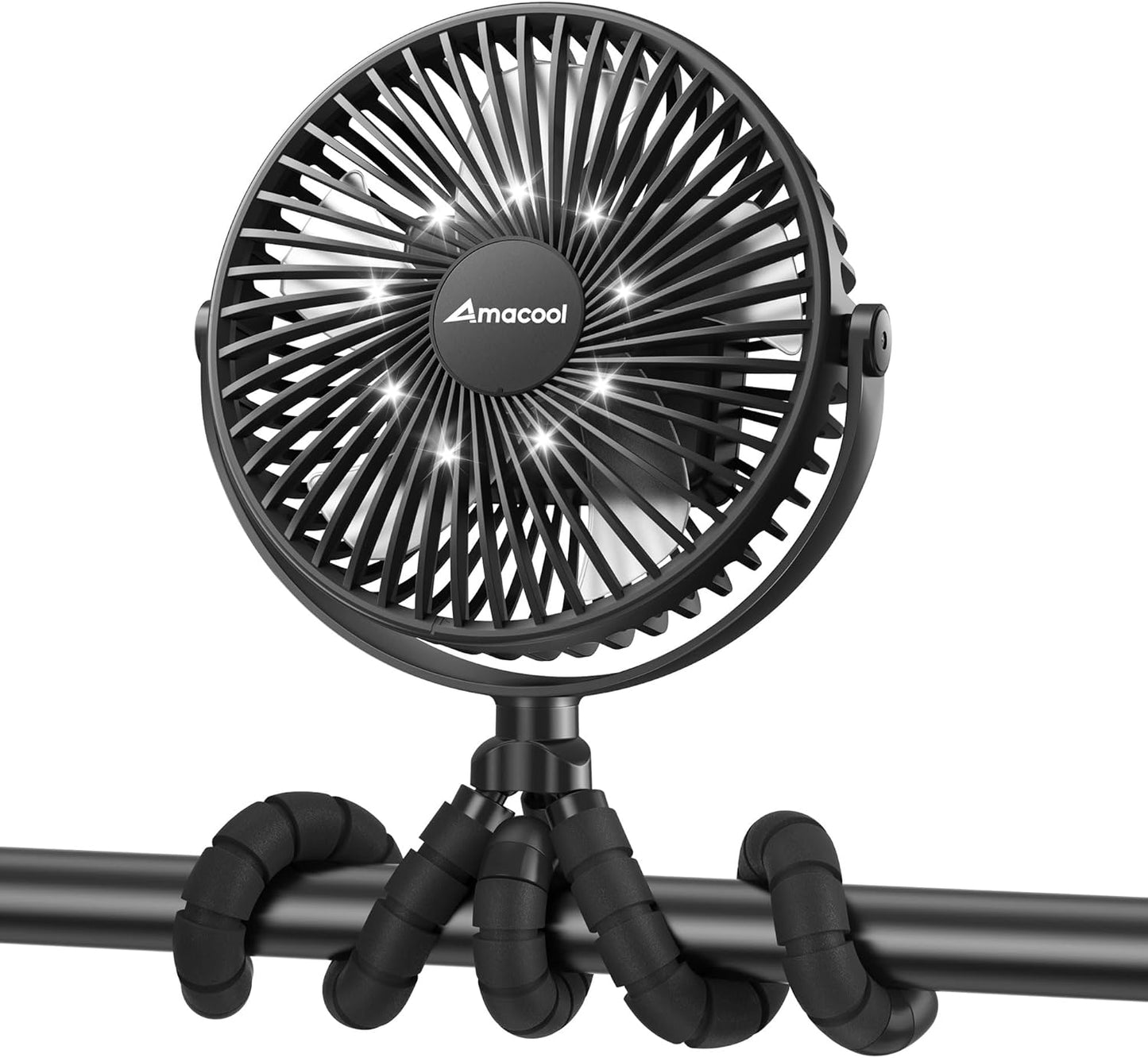 AMACOOL Baby Stroller Fan, 10000mAh Rechargeable, 50H Ultra-long Runtime, 3-Speed Portable Clip on Fan with LED Light, Timer, 360°Rotate Battery Operated Fans for Travel Car Seat Crib