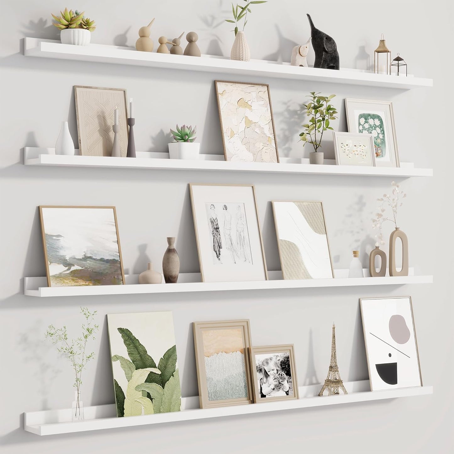 Picture Ledge Shelf for Wall, Floating Shelves Set of 4, 48 Inch Long Nursery Book Shelves for Toys Storage, Kids Bookshelf Wall Mounted for Books Photo Frames, White