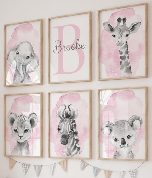 Safari Animals Set of 6 Unframed Poster Prints for Baby Girls Nursery Bedroom Playroom, Personalized Name, Choice of 12 Animals, Pink Purple (12x16)