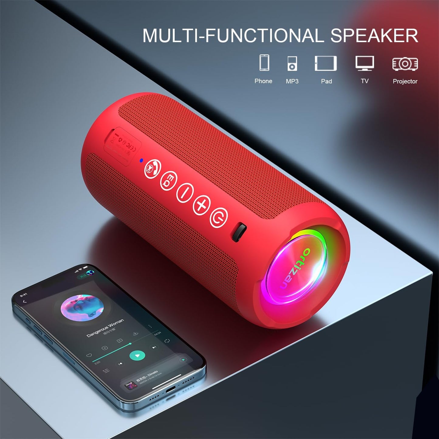 Ortizan Portable Bluetooth Speaker: IPX7 Waterproof, 24W Loud Sound, Deep Bass, Bluetooth 5.3, LED Lights, Wireless Stereo Pairing, 30H Playtime, for Home/Outdoor/Party/Beach, Birthday Gift (Red)