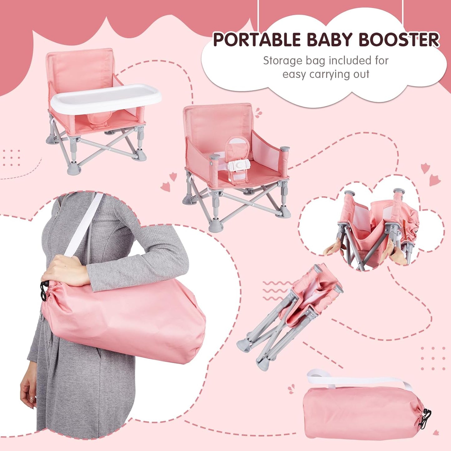 Portable Booster Seat, Toddler Baby Seat with Tray for Dining Table Compact Floor Chair for Camping Lawn Beach Babies Travel 6-36 Months