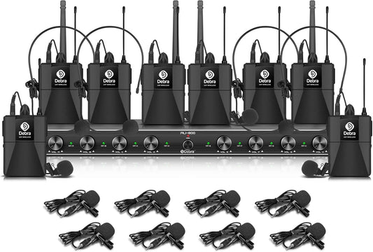 D Debra Audio AU800 Pro UHF 8 Channel Wireless Microphone System with Cordless Handheld Lavalier Headset Mics, Metal Receiver, Ideal for Karaoke Church Party (8 Bodypack)