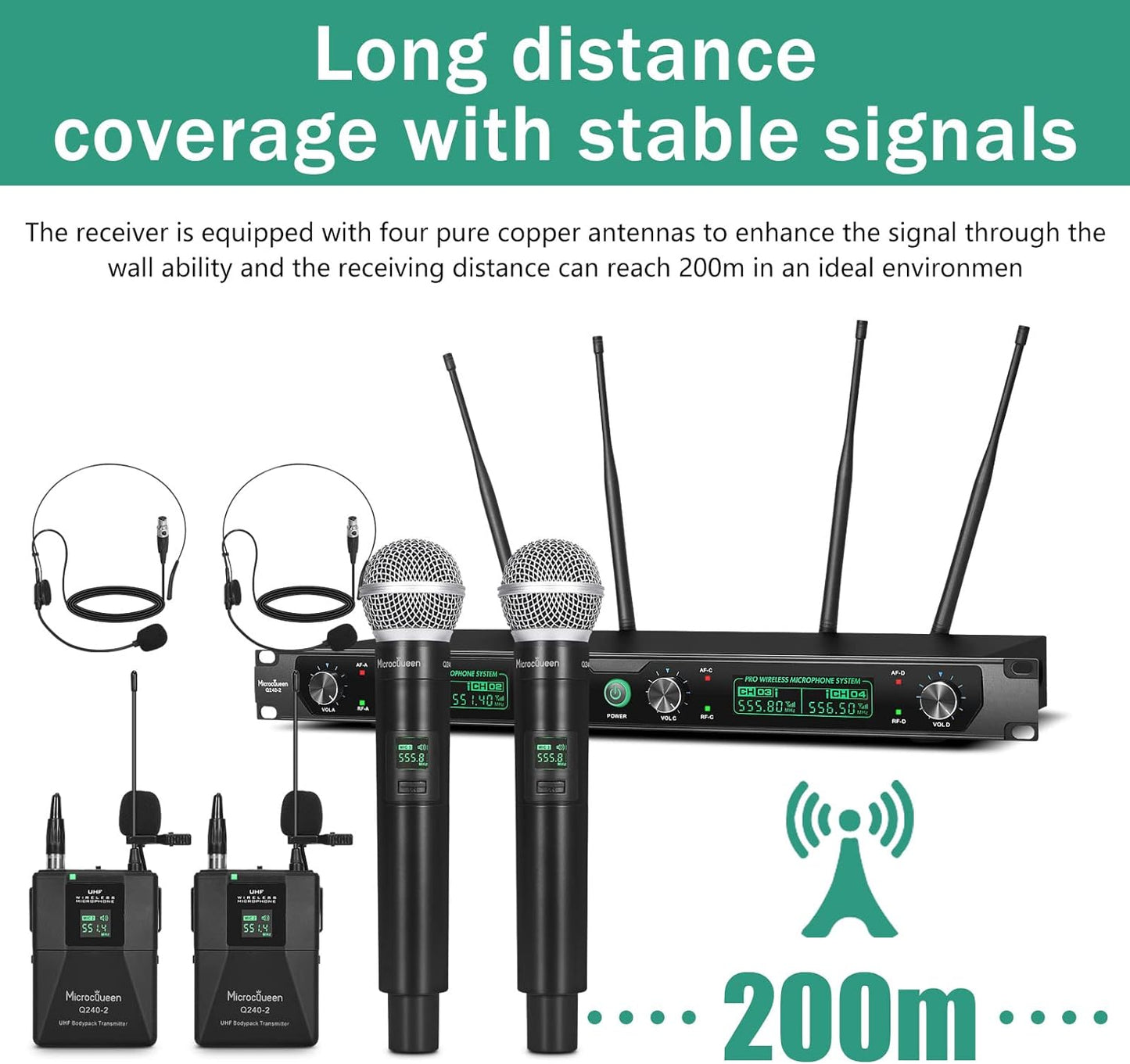 Wireless Microphone System, 4-Channel UHF Professional Mic, Auto Pairing Metal Cordless Mics with 2 Handheld & 2 Bodypack, 400ft Range, Ideal for Singing, Karaoke, Party, Wedding, Concert