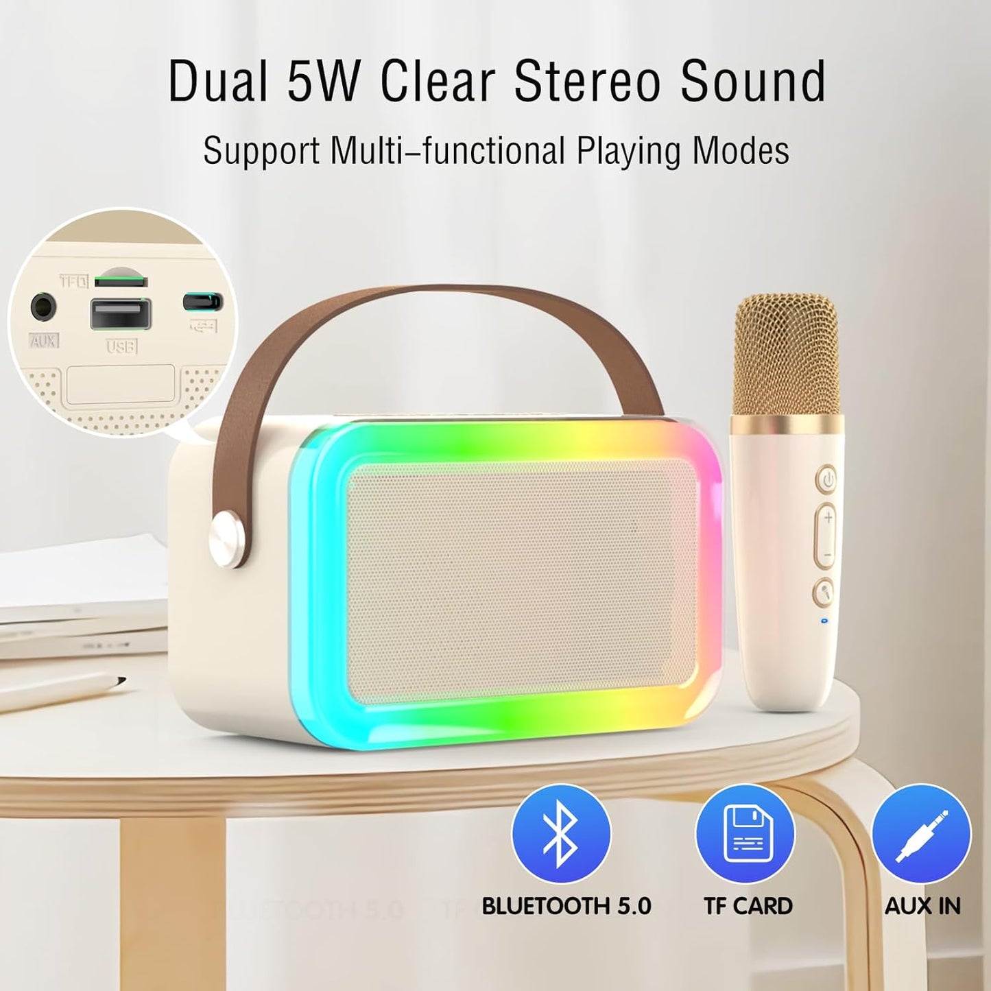 Mini Karaoke Machine,Funny Toys Christmas Birthday Gifts for Kids Age 4-12 Girls,Boys,Adults, Karaoke Microphone Toys for 4,5,6,7,8,9,10,11,12+ Year Old Girls Boys (Beige 1 mic -Rainbow Lights)