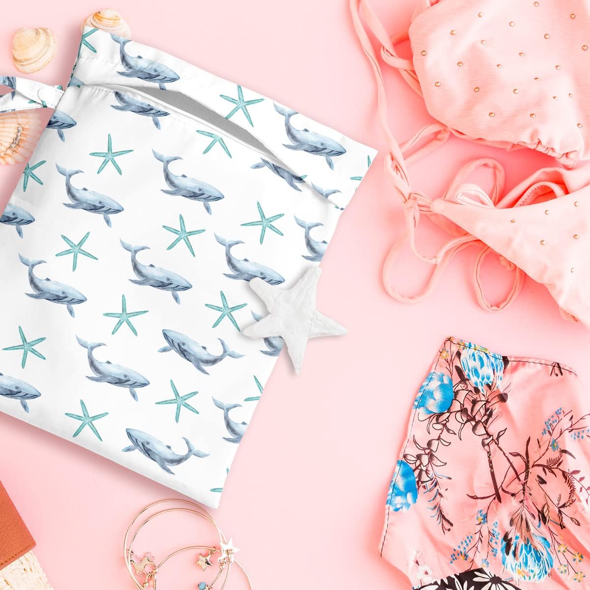 Wet Bag, Wet Dry Bag, Wet Bag for Swimsuit, Travel, Beach, Pool, Diapers, Dirty Yoga Gym Clothes, Makeup Bag, Waterproof Reusable Beach Bag Ocean Decor Starfish Sea Horse Anchor