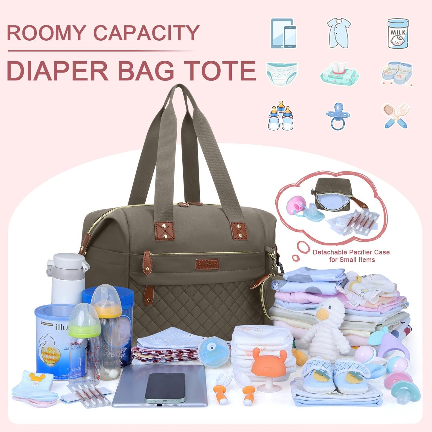 Diaper Bag Tote, Diaper Baby Bags with Pacifier Case, Shoulder Straps, Stroller Clips, Waterproof Large Mommy Bag Maternity Bag Travel Baby Bag for Mom and Dad, khaki