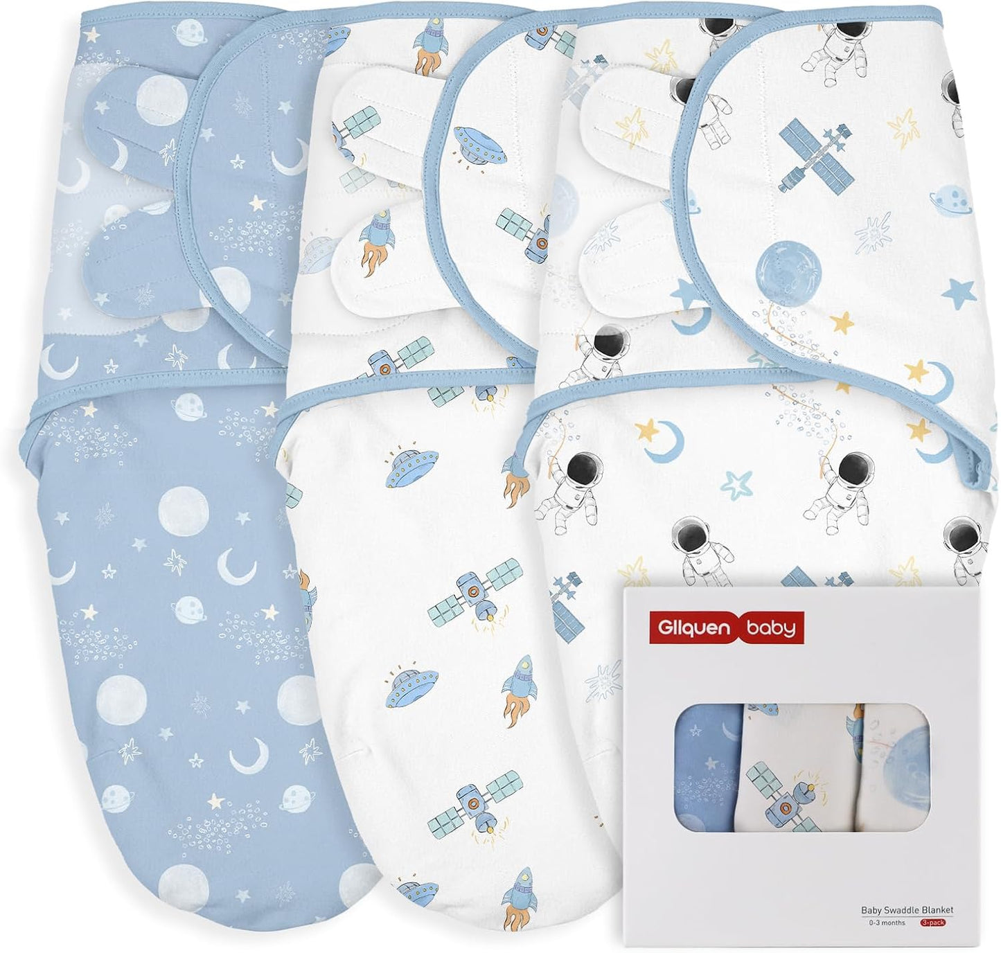 GLLQUEN BABY Swaddles for Babies Boys and Girls - Newborn Swaddle Sack 3 Pack, Baby Swaddle 0-3 Months, Soft Sleep Sack, Blanket Wrap, Space & World, Baby Essentials