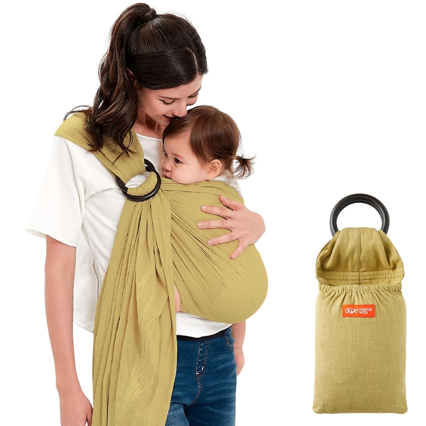 Mamaway Baby Ring Sling Carrier - Newborn and Toddler Sling (Supports up to 165lbs), IHDI Certified, Rayon & Linen Made, Soft & Breathable, Nylon 66 Safety Rings, Storage Pocket Design, Olive