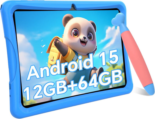 Kids Tablet 10 inch, Android 15 Tablets for Kid, Parental Control, Pre-Installed Kiddos Software & Kids Space, Includes Case & Stylus Pen, 12GB RAM 64GB ROM, 2TB Expand, HD IPS Screen(Blue)
