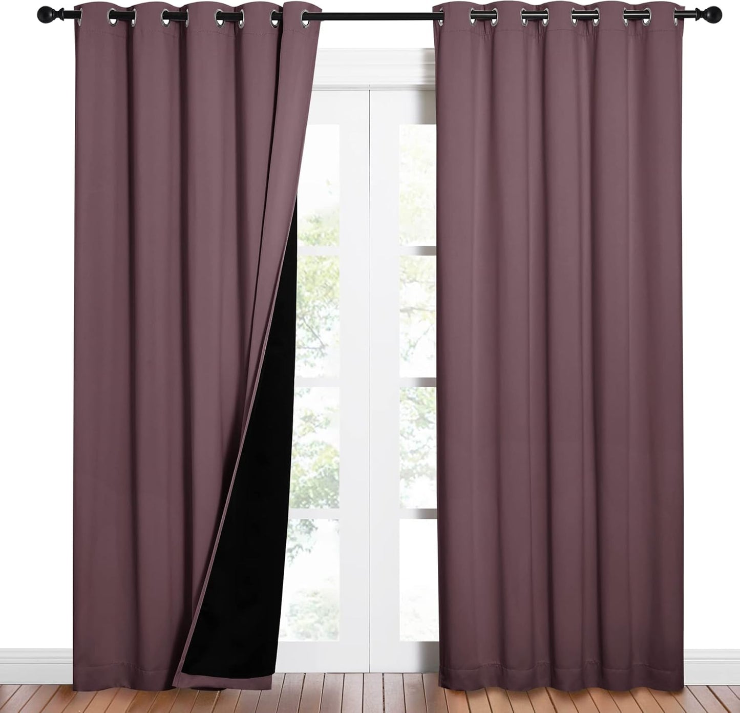 NICETOWN 100% Blackout Window Curtain Panels, Cold and Full Light Blocking Drapes with Black Liner for Nursery, 84 inches Drop Thermal Insulated Draperies (Dry Rose, 2 PCs, 62 inches Wide Each Panel)