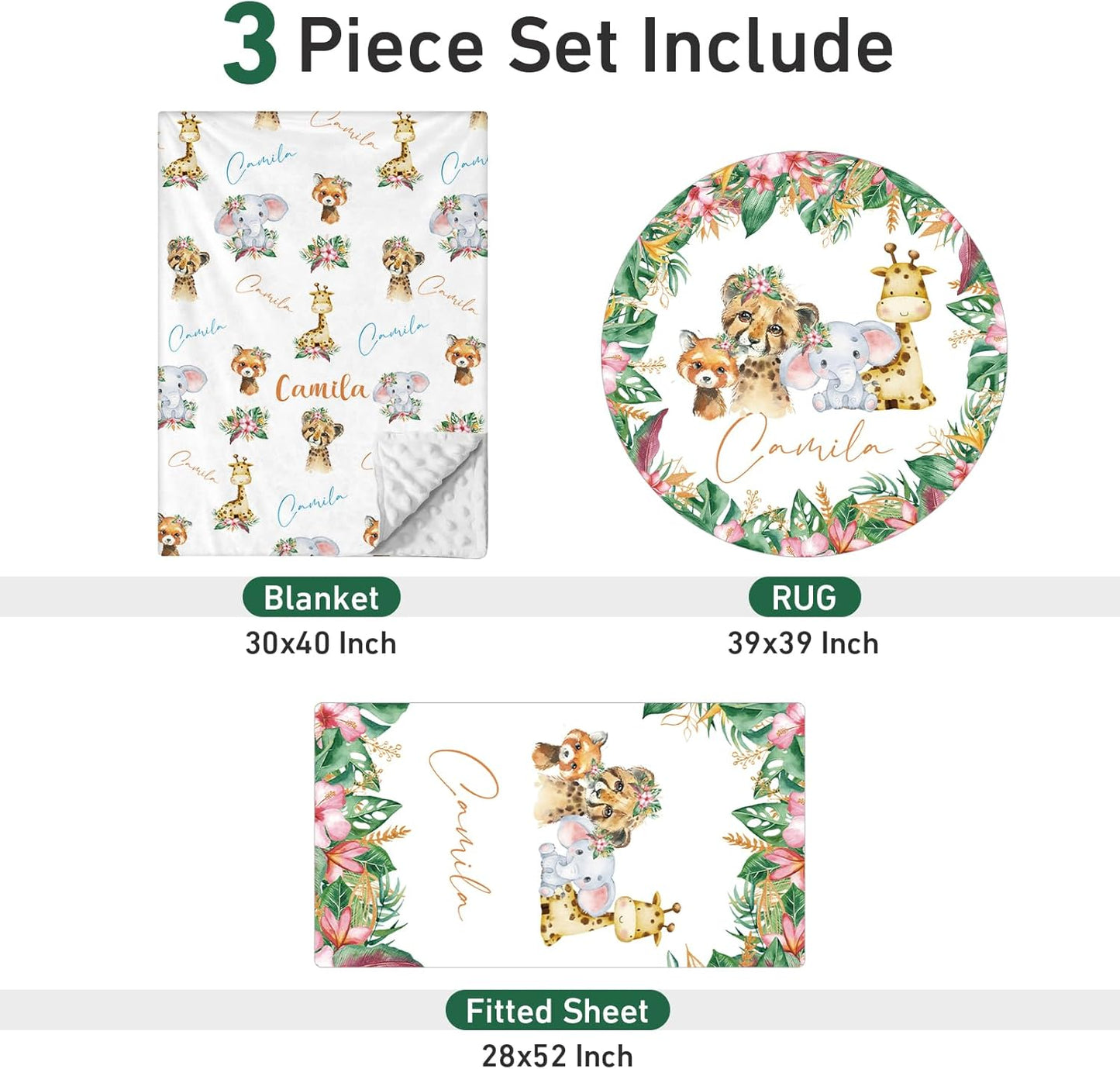 Personalized Baby Crib Bedding Set - Custom Name Lions Design 3 Pcs Set - Soft Blanket with Double Layer Dotted Backing, Fitted Sheet, Room Rug for Newborns Boys Girls Shower Gift