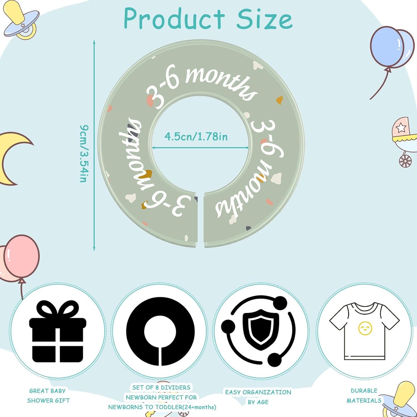 8 Pcs Baby Closet Dividers Unisex Baby Clothes Organizers Clear Labels for Nursery Closet Organizer & Decor Nursery Fits Most Rods(Donut,Light Color)