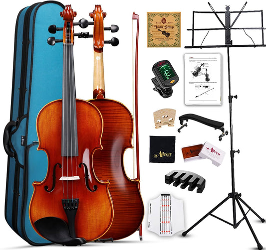 Aileen Solid Wood Violin 4/4 Full Size for Adults and Kids Age 12+, Fiddle Set for Beginners Student, Professional Violin Starter Kit with 12 Accessories (Selected European Solid Spruce and Maple)