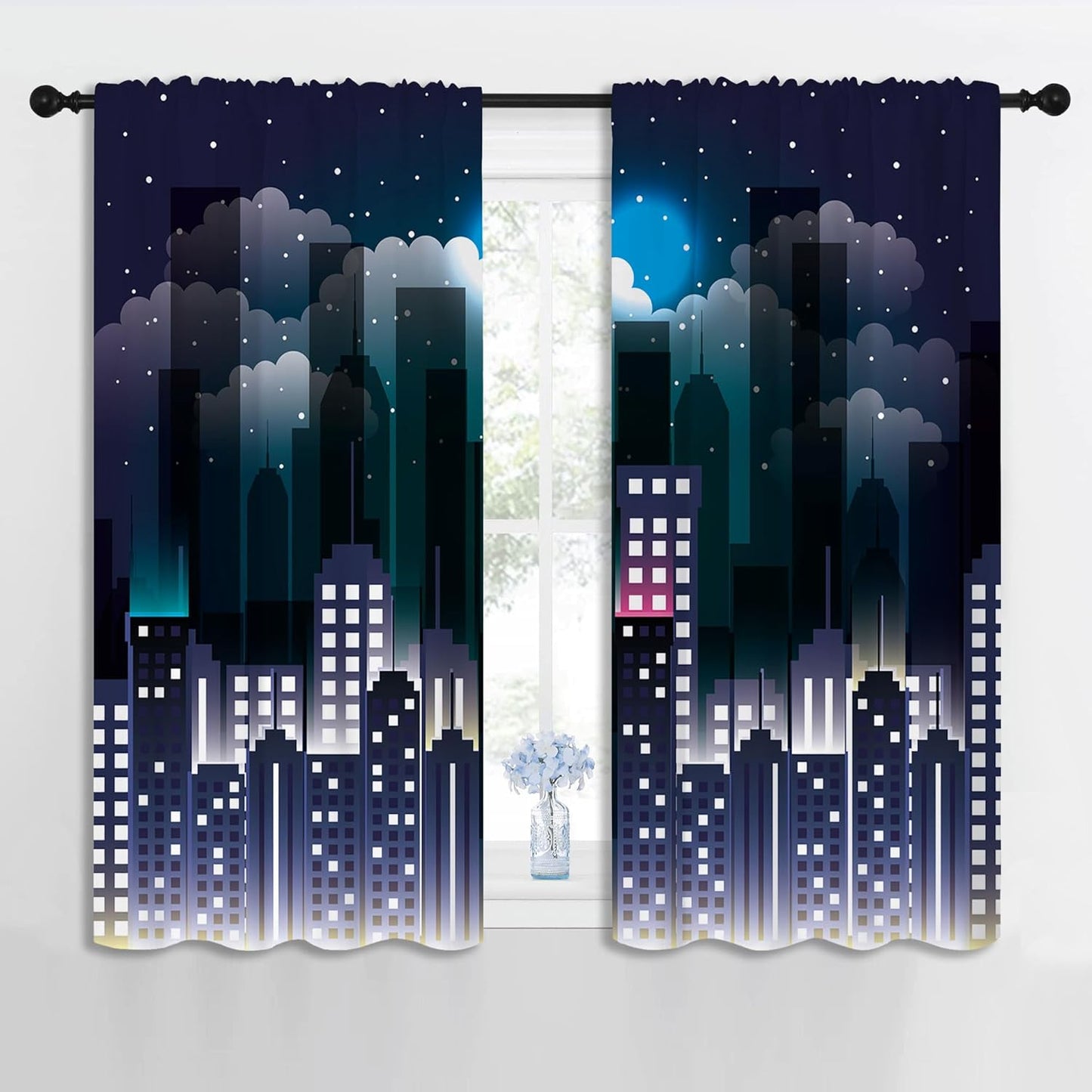 Superhero Rod Pocket Blackout Curtains for Boy Girl Bedroom, Violet Night Sky Buildings Cityscape Home Energy Efficient Light Filtering Window Curtain for Living Room, 42x63 inch