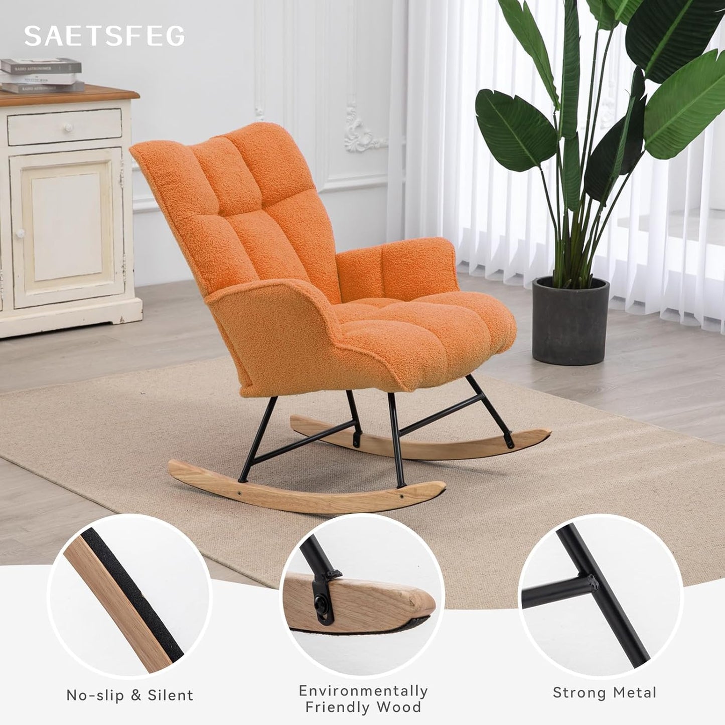 Rocking Chair Nursery Teddy Upholstered Glider Rocker Rocking Accent Chair Padded Seat with High Backrest Armchair Comfy Side Chair for Living Room Bedroom Offices (Orange Teddy)