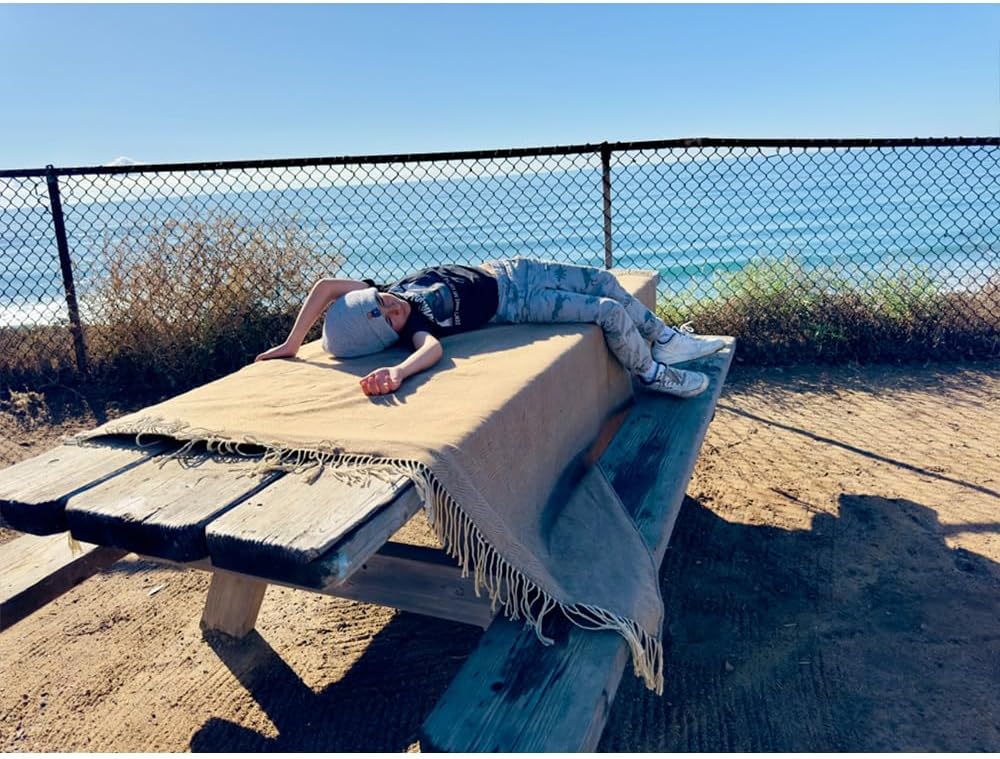 Picnic Blanket Extra Large Waterproof with Strap 59"x79" - Machine Washable Tassels Faux Wool Cashmere for Park, Grass, Camping, Hiking, Concerts (Coffee, 59"X79")