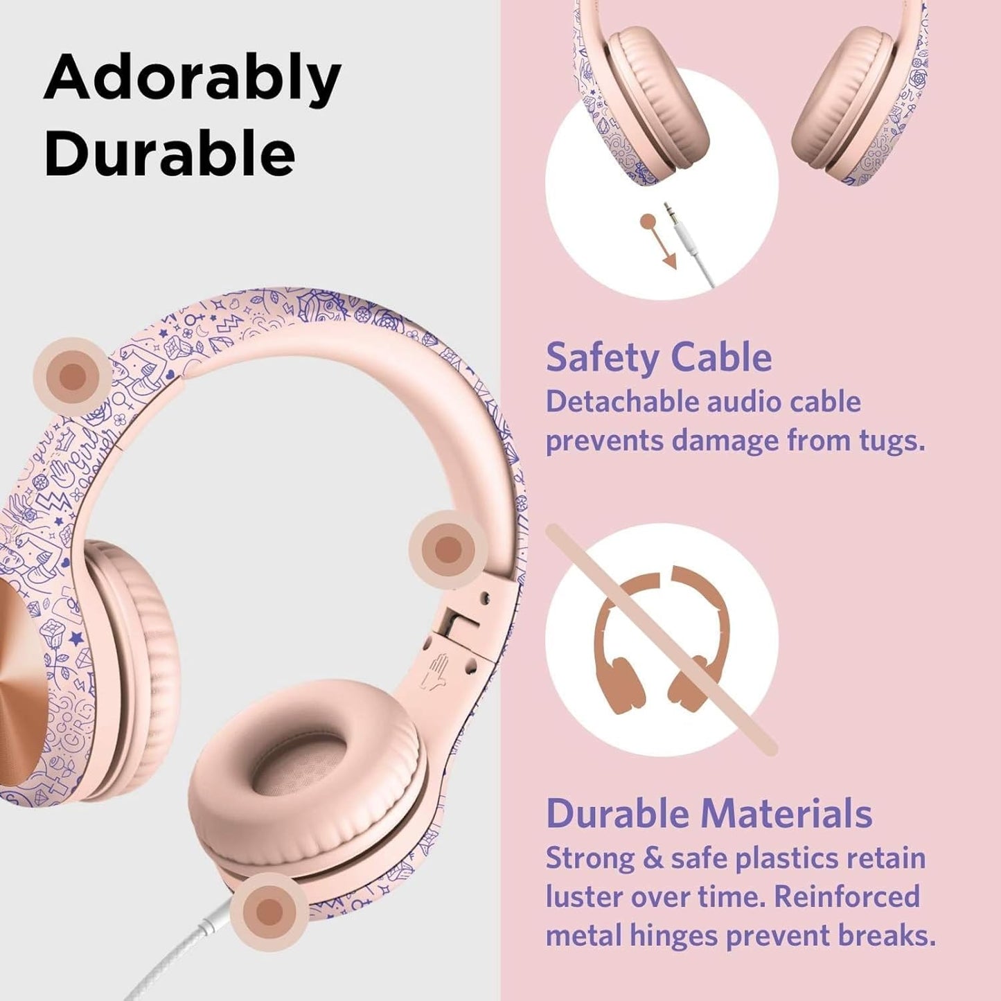 LilGadgets Connect+ Pro Wired Kids Headphones for School w/Microphone, Volume & Noise Reduction Over-Ear Headset w/Cord, SharePort Technology & SoftTouch Padding, Girl Power - Headphones for Kids