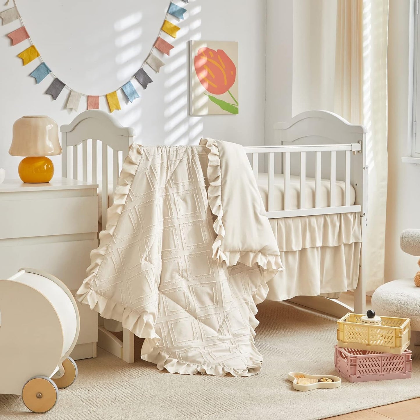 Mini Crib Bedding Set 3 Pieces Baby Boho Quilted Tufted Ruffles Comforter with Fitted Sheet and Ruffled Bed Skirt - Cute Shabby Baby Bedding Fits Mini Crib Only Cream White