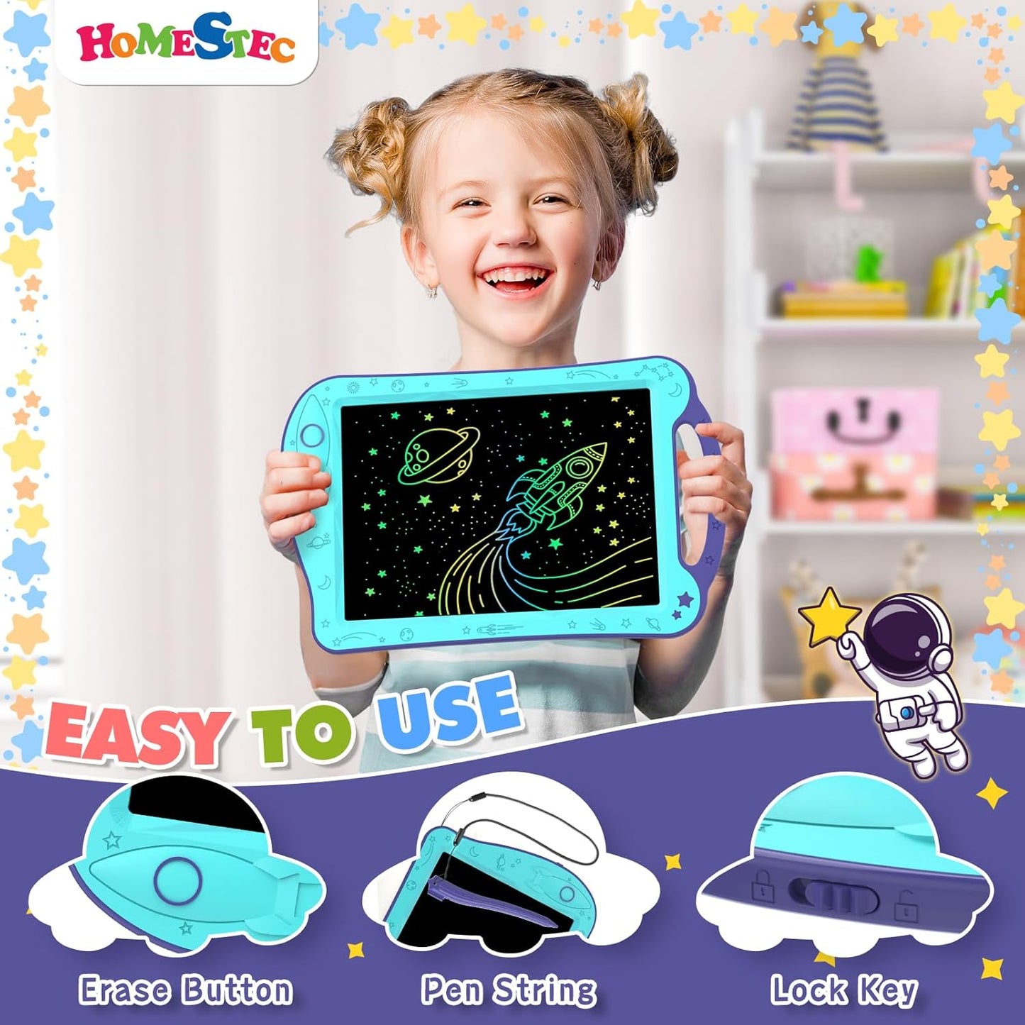 [ClimatePartner Certified] HOMESTEC Astrodraw Drawing Pad, Colorful LCD Writing Tablet for Kids, Doodle Board for Toddlers 3 4 5 6 Years Old, Travel Toy Birthday Gift for Boys Girls (Aqua/Purple)