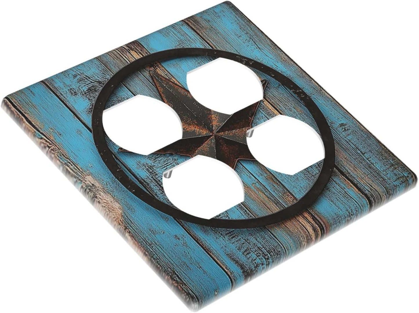 Outlet Covers Rustic Wood Country Barn Texas Star On Teal 2 Gang Double Duplex Decorative Light Switch Covers Electrical Wallplates Socket Faceplate For Farmhouse Cabin Decor