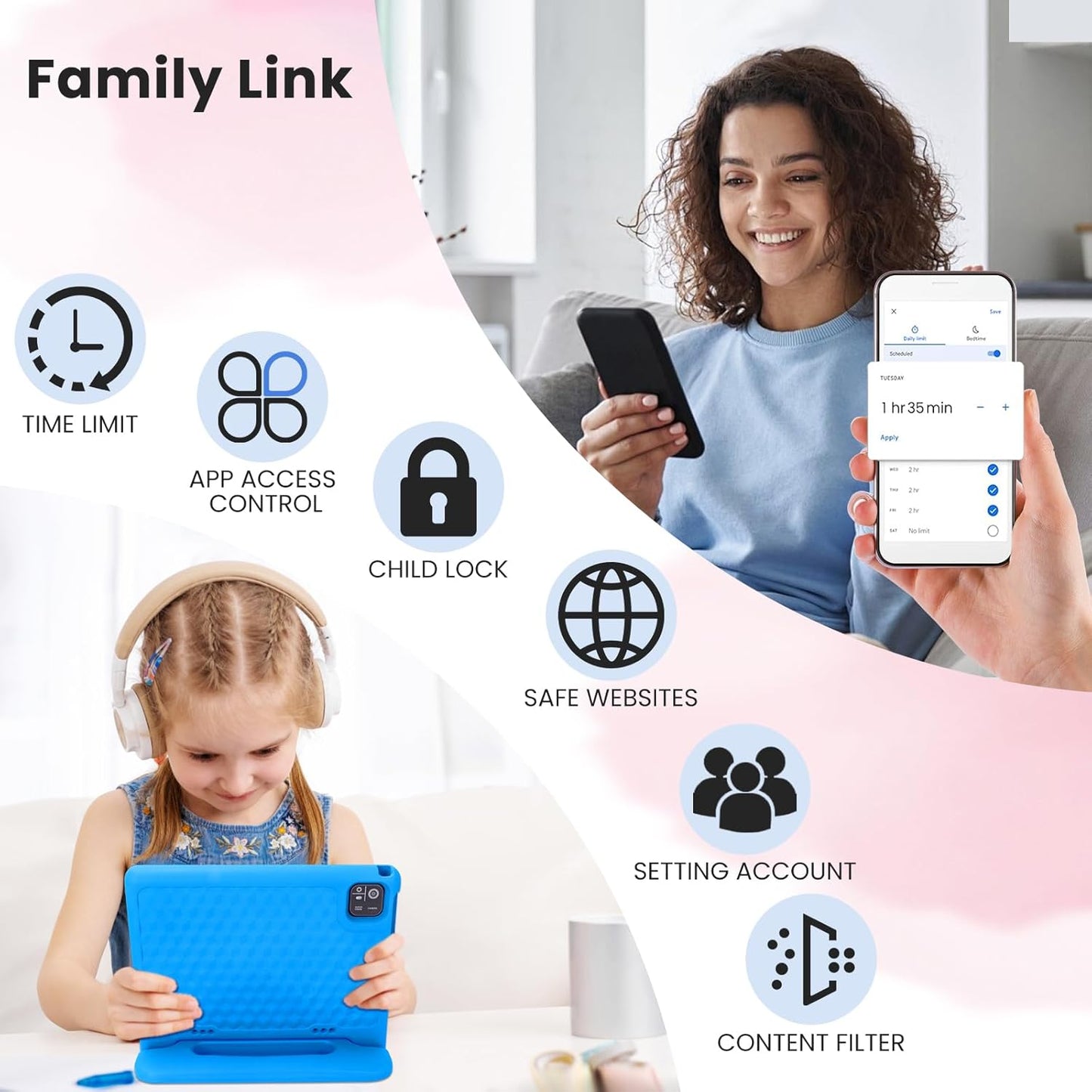 Kids Tablet 10.1 inch Android 14 Octa-Core 64GB 6000mAh Kids Space Parental Control 1280 * 800 HD Touchscreen Shockproof Case Dual Camera Gift for Toddler Children (Blue)