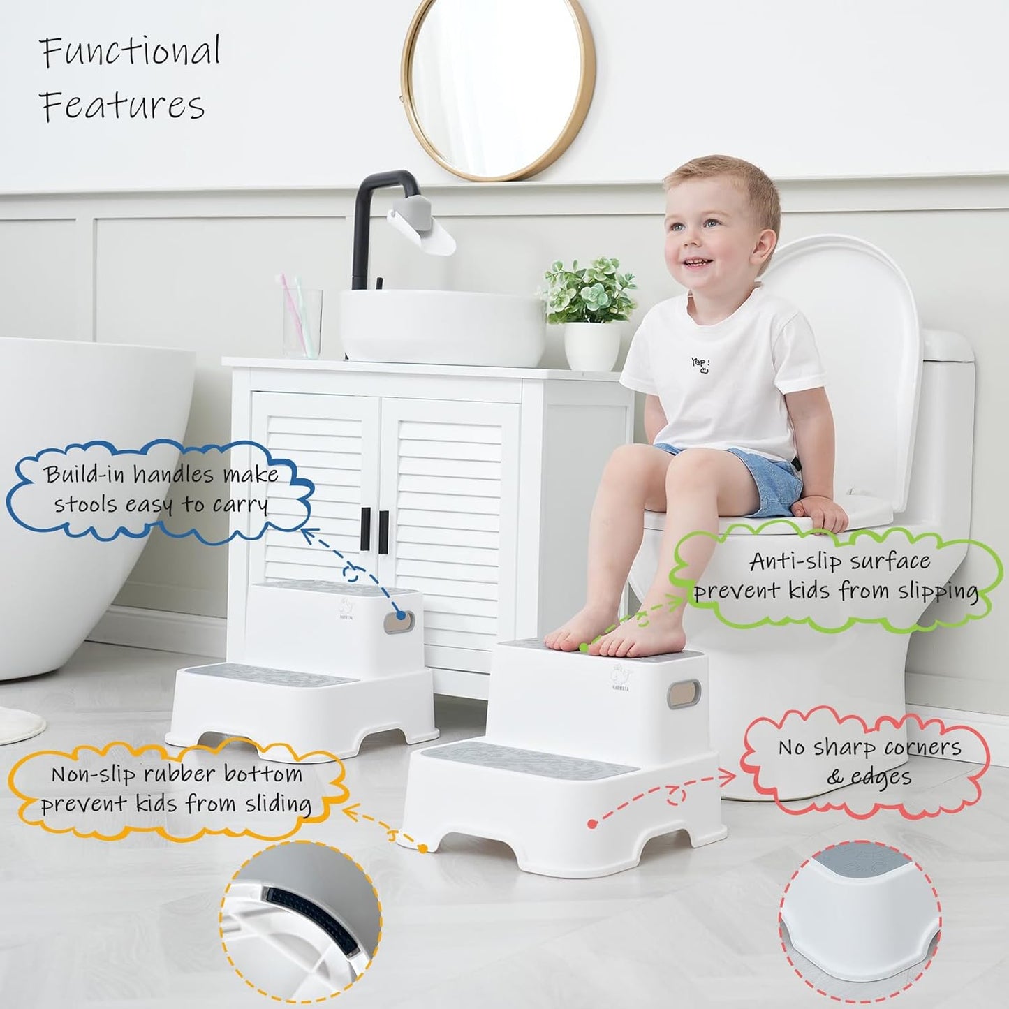 Toddler Step Stool for Bathroom Sink, 2-Pack Kids Toilet Potty Step Stools, Heavy Duty Baby Child Stepping Stool with Handle for Toddlers Kitchen Counter Bedroom Nursery Room (White)