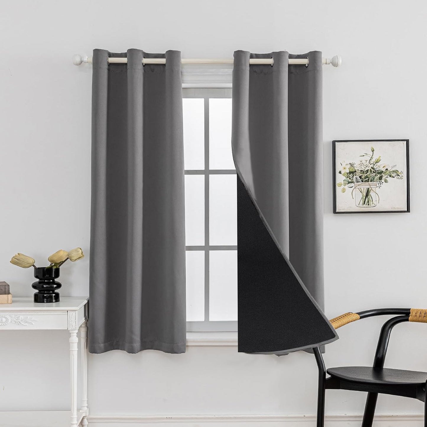 Anytime 100% Blackout Curtain Set, Thermal Insulated & Energy Efficiency Window Draperies for Guest Room, Full Shading Panels for Shift Worker and Light Sleepers（Grey, 2 Panels, 42W x 63L）