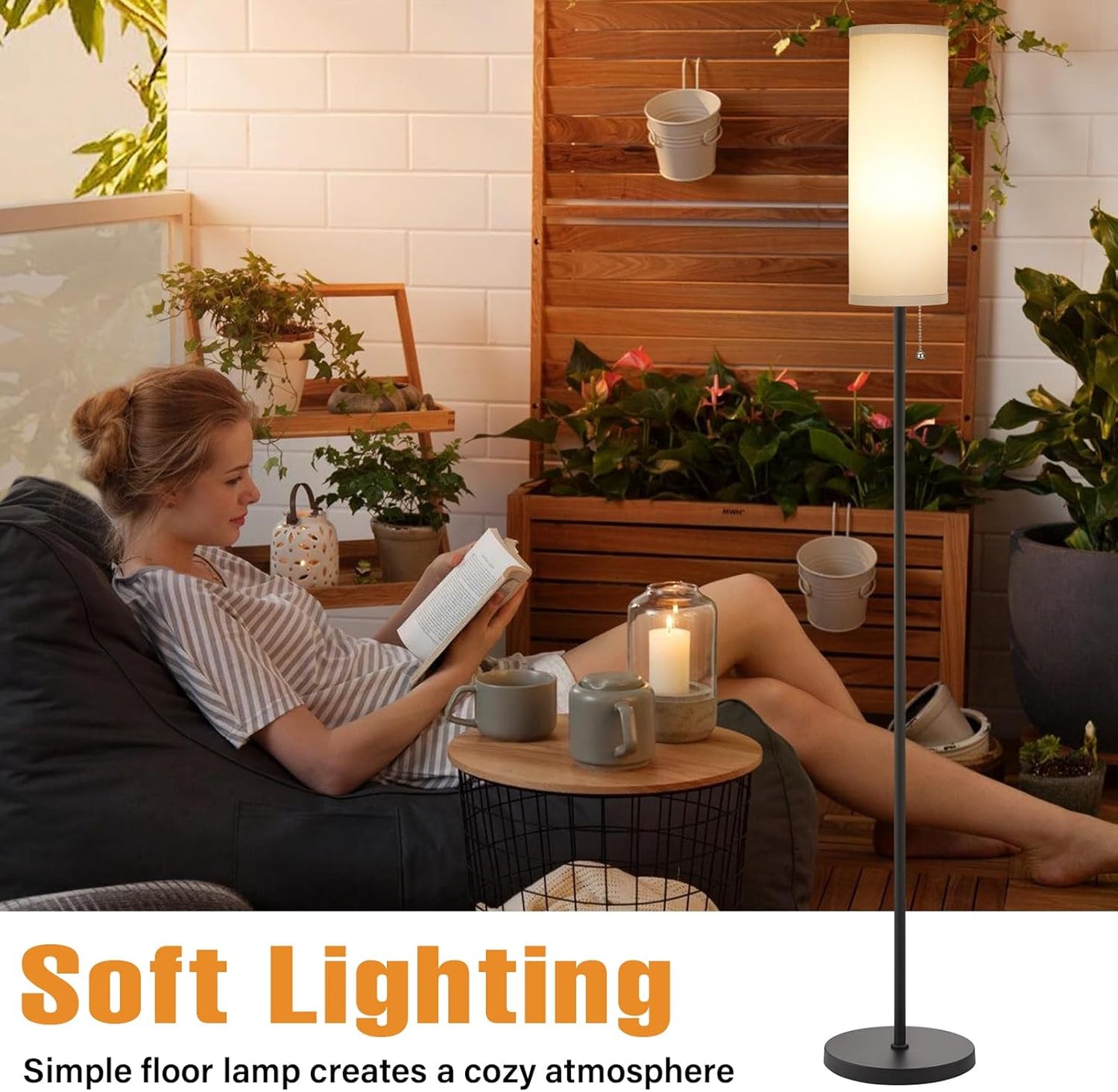 Ambimall Floor Lamp for Living Room with 3 Color Temperatures Bulb, 64" Standing lamp with Linen lampshade for Bedroom, Minimalist Pole Lamp, Grey Shade & Black Pole