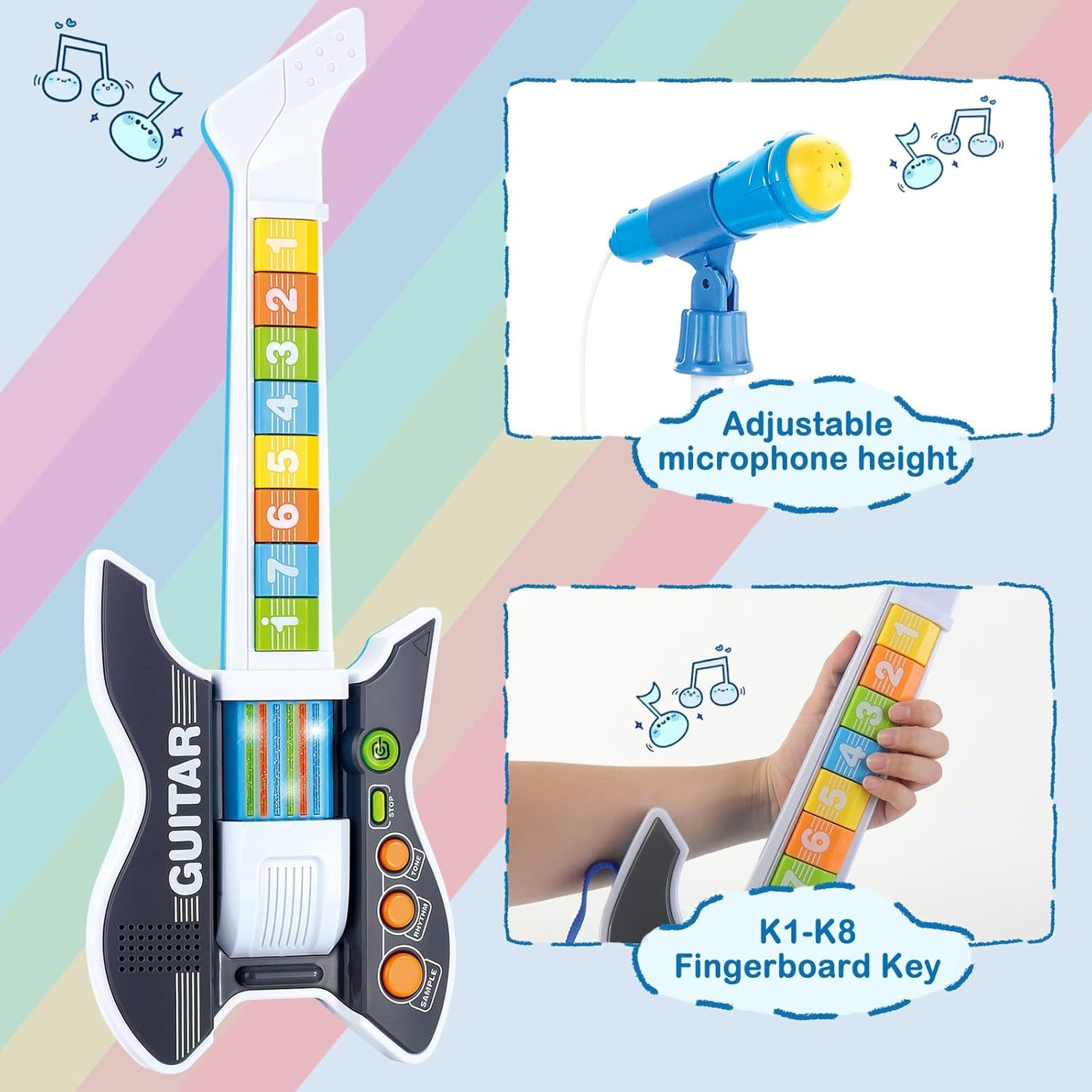 deAO Kids Guitar and Microphone Set with Stand Adjustable Height Music Light Karaoke Music Toys Christmas Birthday Gift for Kids Boys Girls (Black)