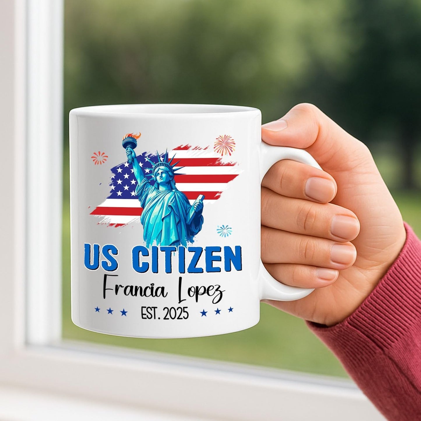 Personalized US Citizen Ceramic Coffee Mug 11Oz 15Oz, New American Citizen Naturalized and Caffeinated White Cup Gift, Customized Year & Name USA Citizenship Coffee Cup, American Flag Travel Teacup
