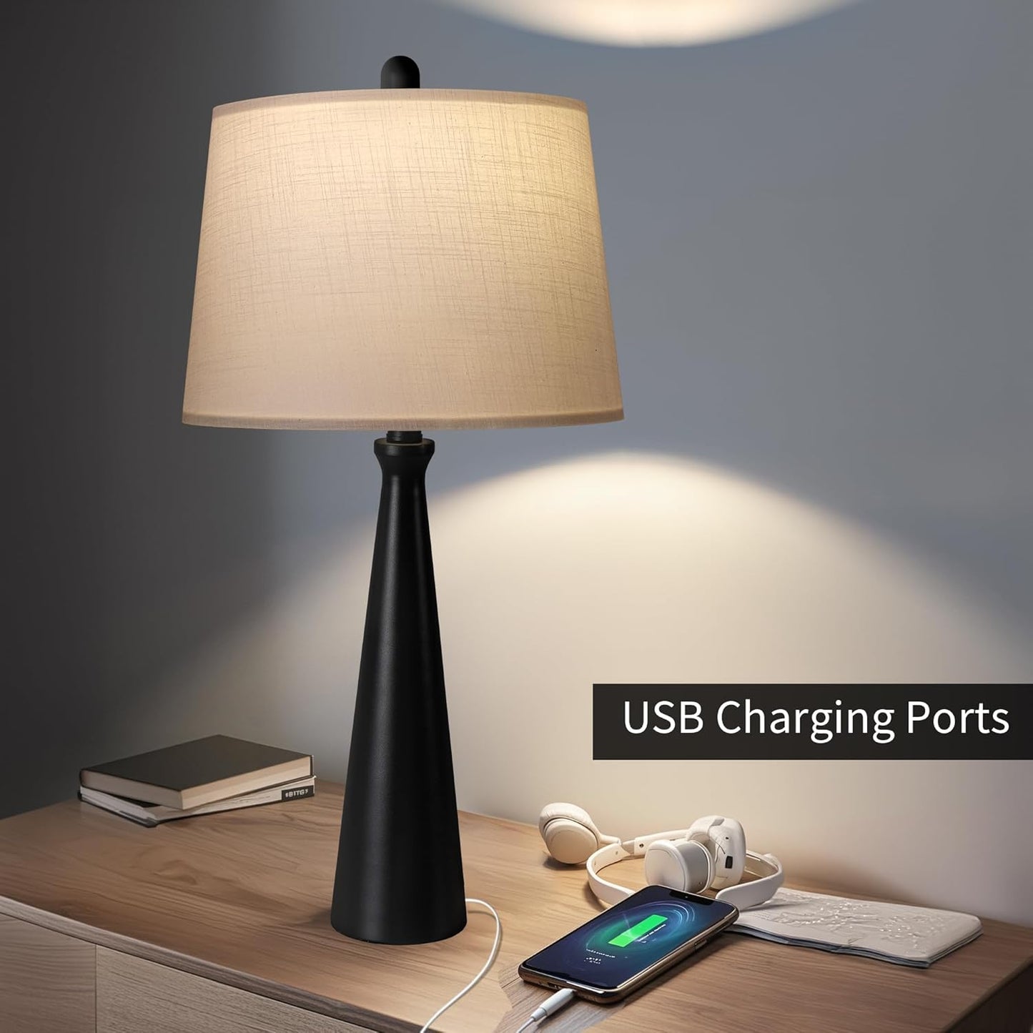 Oneach 25.75" Table Lamps for Living Room, Bedside Lamp 3-Way Dimmable Touch Control, Modern Black Nightstand Lamp with Fabric Shade, Vintage Table Lamp for Bedroom, Bulb Included