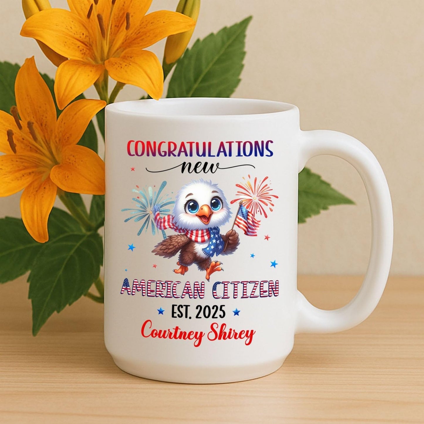 Congratulations New American Citizen Coffee Mug Gift For Daughter Son Sister Brother, Customized Congrats US Citizen White Coffee Cup With Year & Name, Personalized US Citizenship Teacup 11Oz 15Oz