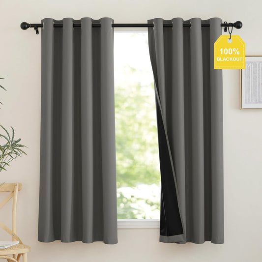 NICETOWN 100% Blackout Curtains 63 inch Length, Grommet Portable Curtains Thermal Insulated Lightweight Window Treatments Privacy for Travel/Bedroom, Dark Grey, W52 x L63, 2 Panels