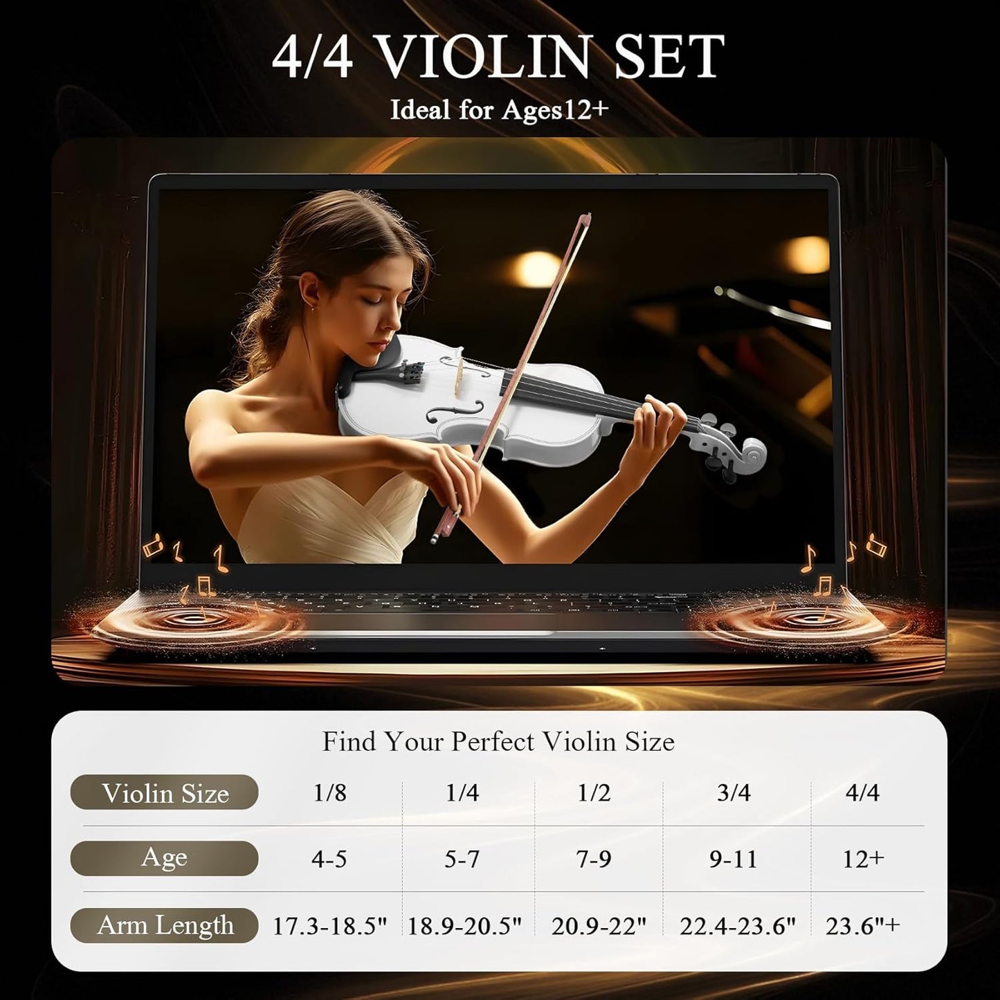 Beginner Violin 4/4, Full Size Violin for Adults, Teens, Student, Acoustic Fiddle Kit with Hard Case, Bow, Rosin, Bridge, Learners Age 12+ (White)
