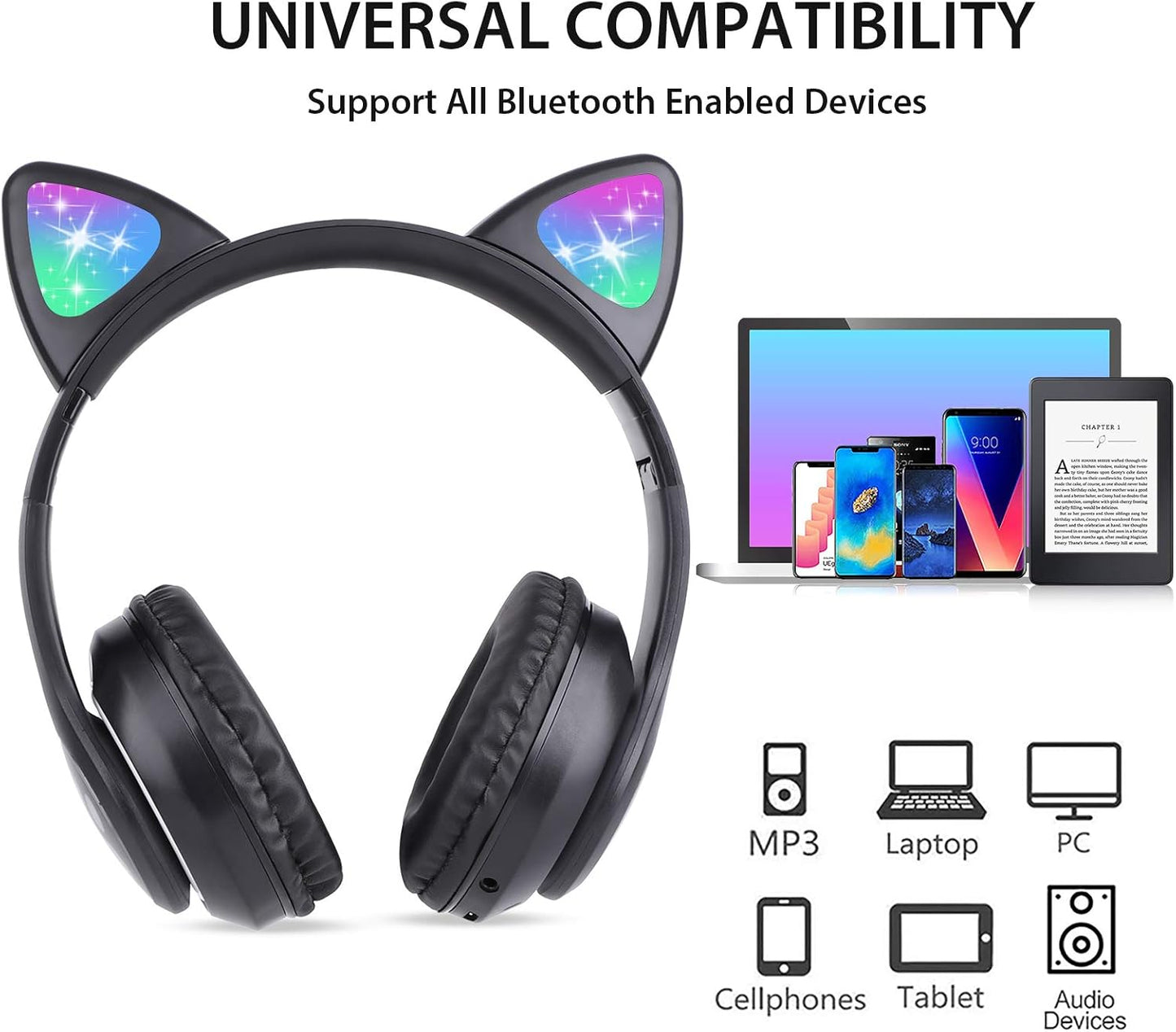 TCJJ Kids Wireless Headphones - Cat Ear LED Light Up, Bluetooth 5.4, Safe Volume Limit, Noise Cancelling with Mic & TF Card for Girls Boys Toddlers School (Black)