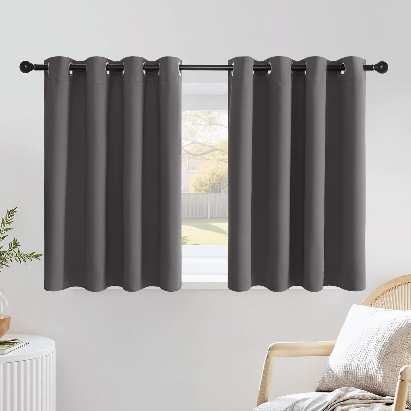 NICETOWN Grey Kitchen Curtains for Windows, Grommet Thermal Insulated Solid Blackout Window Treatments for Cafe, 2 Panels, W52 x L36