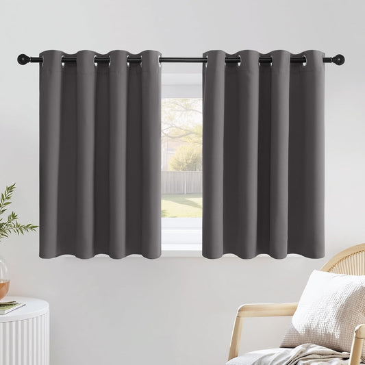 NICETOWN Grey Kitchen Curtains for Windows, Grommet Thermal Insulated Solid Blackout Window Treatments for Cafe, 2 Panels, W52 x L36