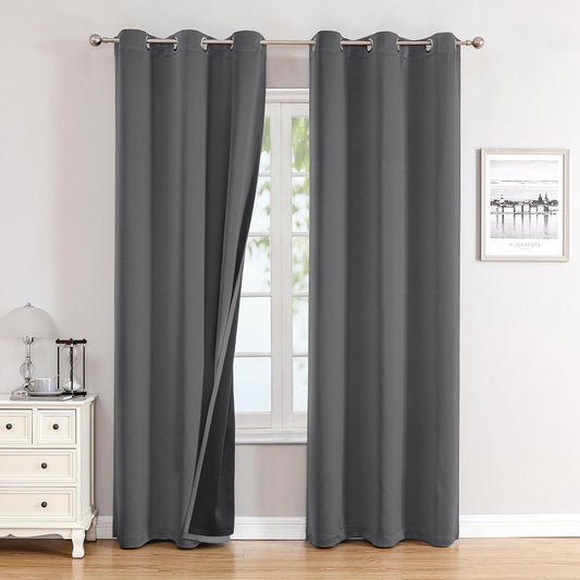 ChrisDowa 100% Blackout Curtains for Bedroom with Black Liner, 2 Thick Layers Total Blackout Thermal Insulated Grommet Window Curtains 2 Panels Set (Grey, 42 x 84 Inch)