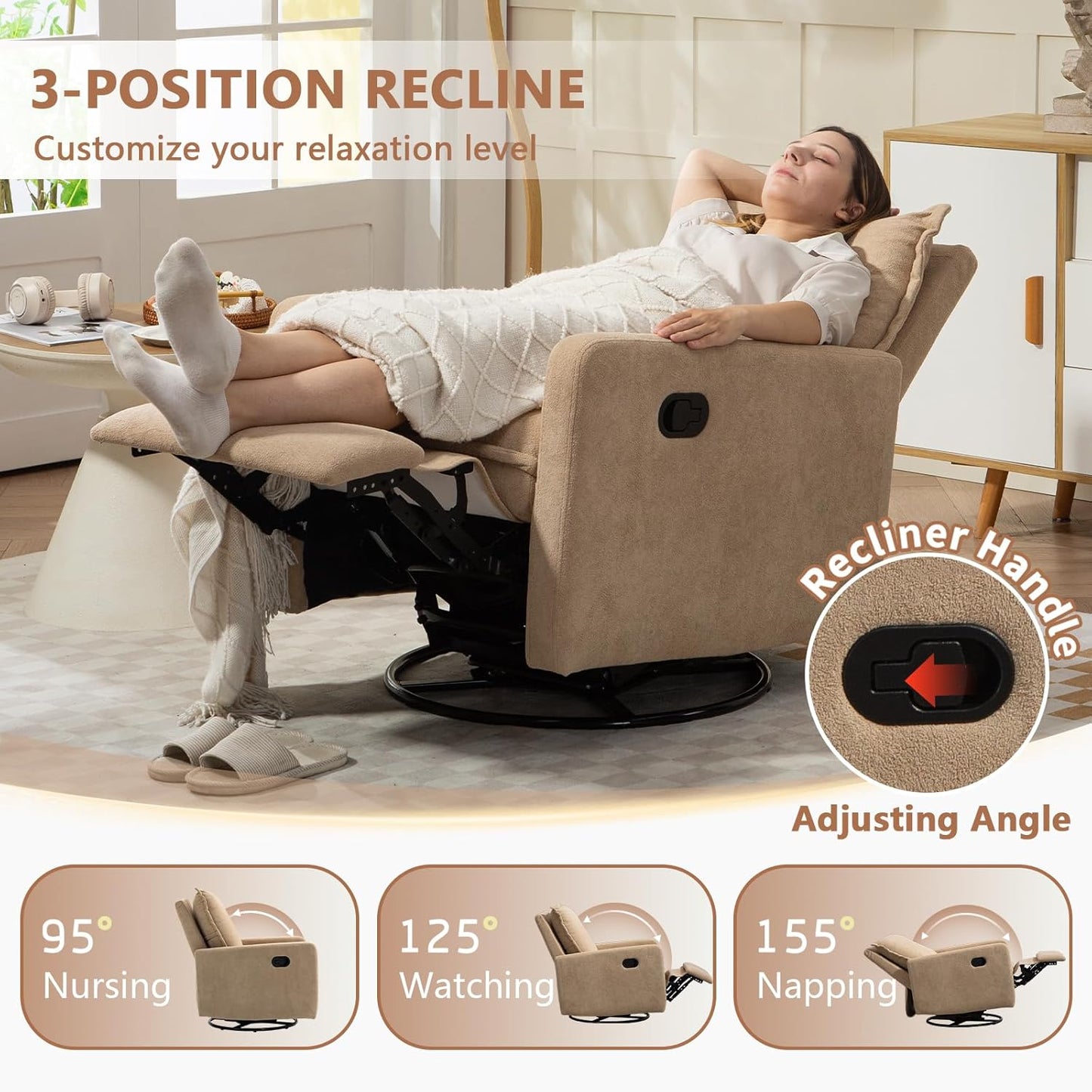 Swivel Rocking Recliner Chair for Nursery, Upholstered Glider Rocker Recliner, Swivel Reclining Chair for Nursery Living Room Bedroom, Camel Short Plush