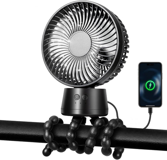 50H Portable Stroller Fan, 15000mAh Ultra-Long Battery Powered Rechargeable Personal Fans, Tripod Clip Fan with Auto Rotation，3 Speed Desk Handheld Cooling for Travel Car Seat Bedroom