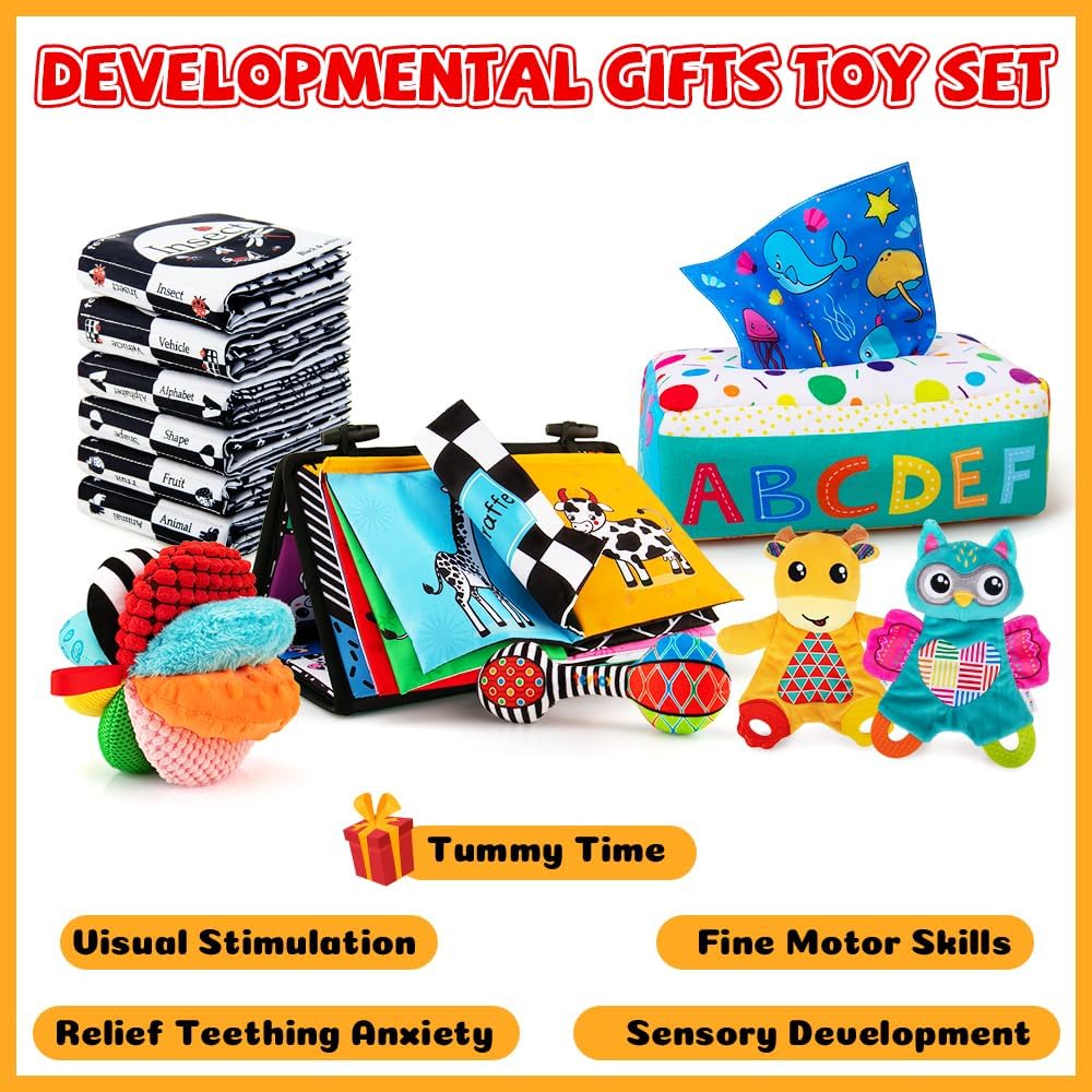 Baby Gifts Set,Infant Toys Set with Tummy Time Mirror,Plush Teethers,High Contrast Baby Books,Rattle,Tissue Box Toy,Sensory Ball for Boys Girls,Perfect Sensory Toys Gifts Basket for Shower Birthday