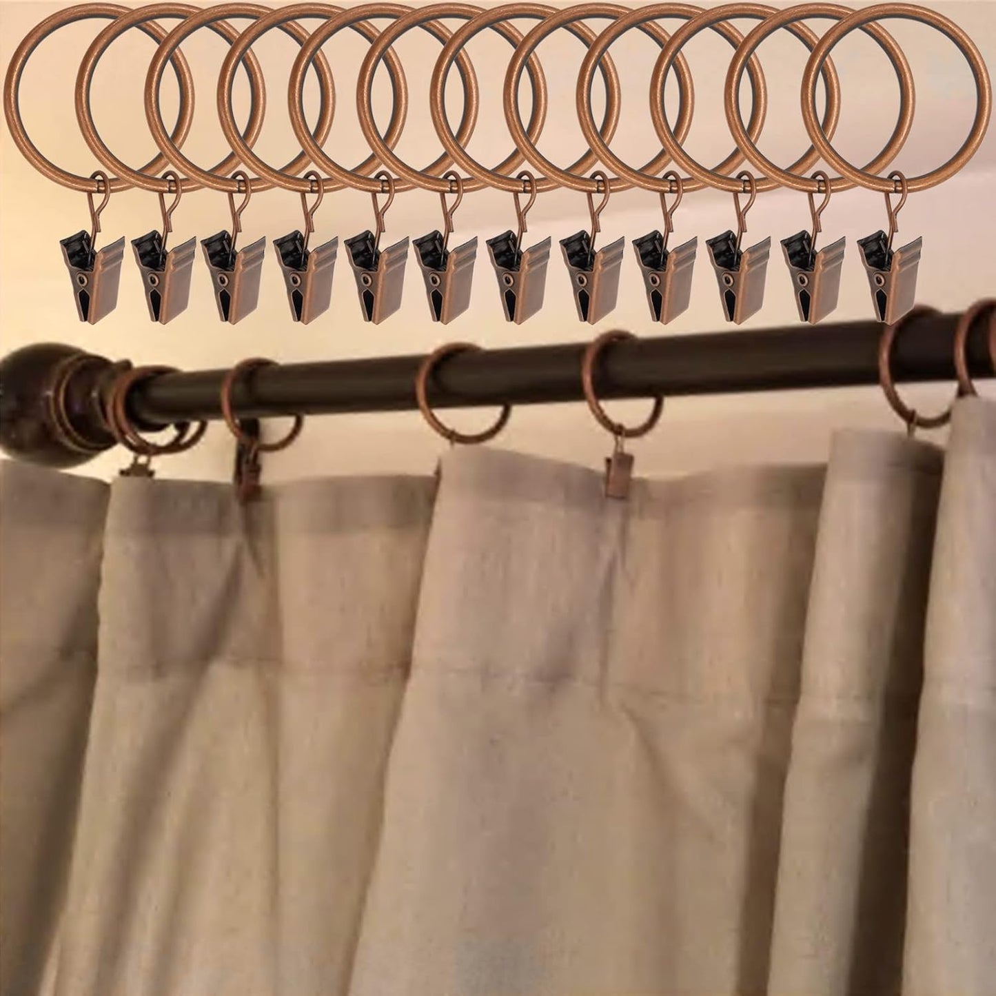 40 Pack Antique Copper Curtain Rings with Clips, Curtain Hooks Hangers Clip Rings for Hanging Drapes Bows Hat, Drapery Rings 1.5 in I D, Fits up to 1.2 in Diameter Curtain Rod.