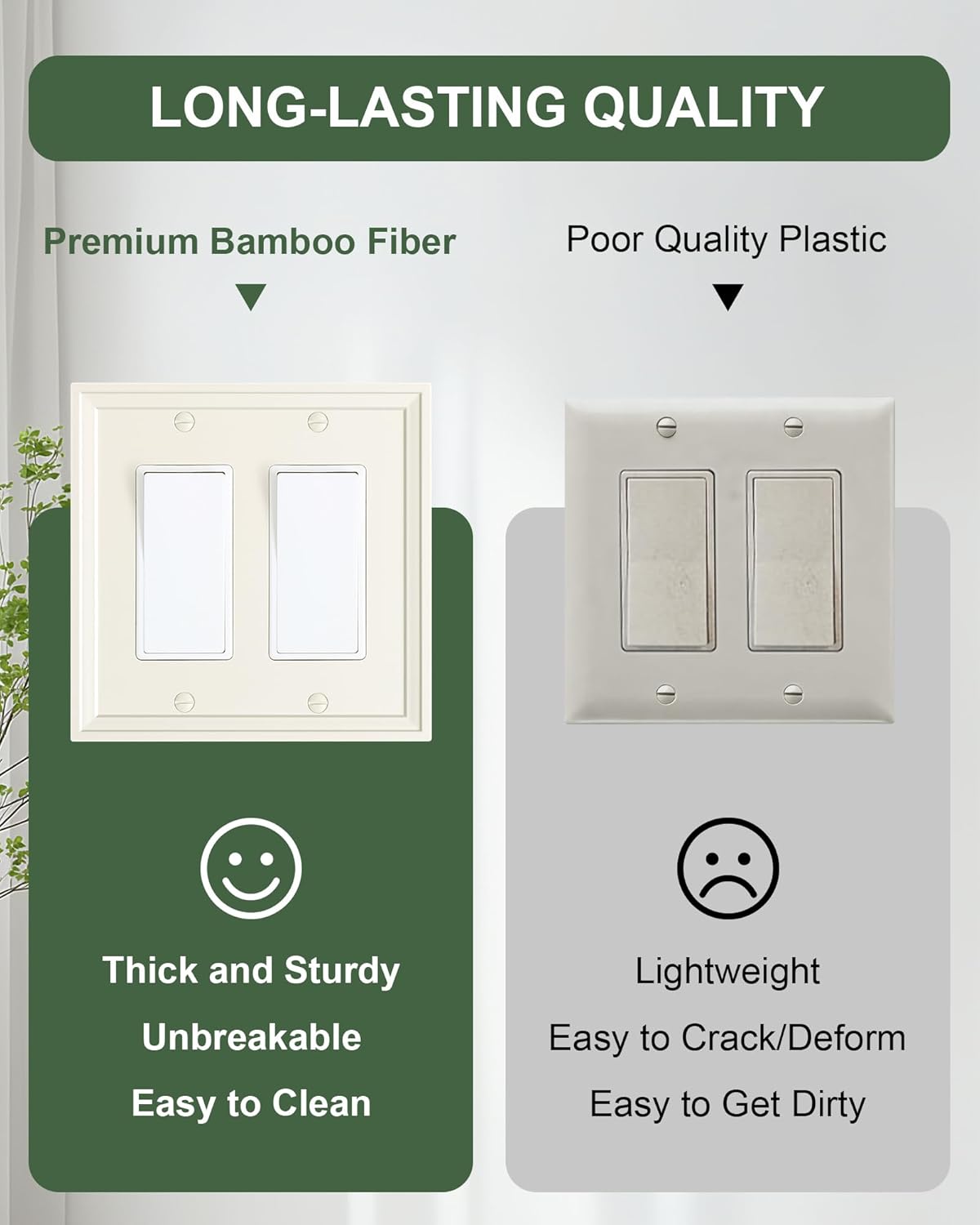 2-Pack Double Decorator Outlet Cover Plate, Light Almond Modern Decorative Switch Plates and Outlet Covers, Natural Bamboo Fiber Wall Plates for Electrical Outlets