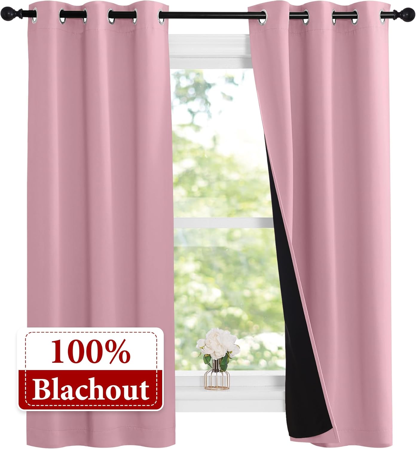 NICETOWN 100% Blackout Short Curtains with Black Liners, 2 Panels, 37" W by 60" L, Crystal Pink, Thermal Insulated Full Blackout 2-Layer Lined Drapes, Energy Efficiency Window Draperies for Bedroom